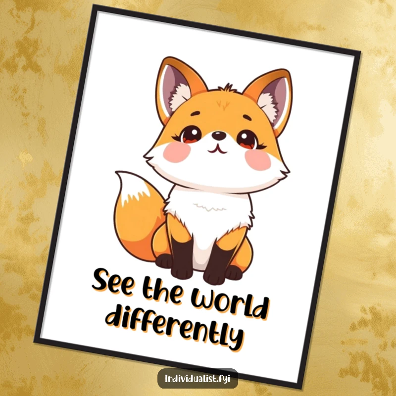 Funny poster depicting a joyful fox with an intricate kaleidoscope fur pattern, gazing upwards with an inspiring look.