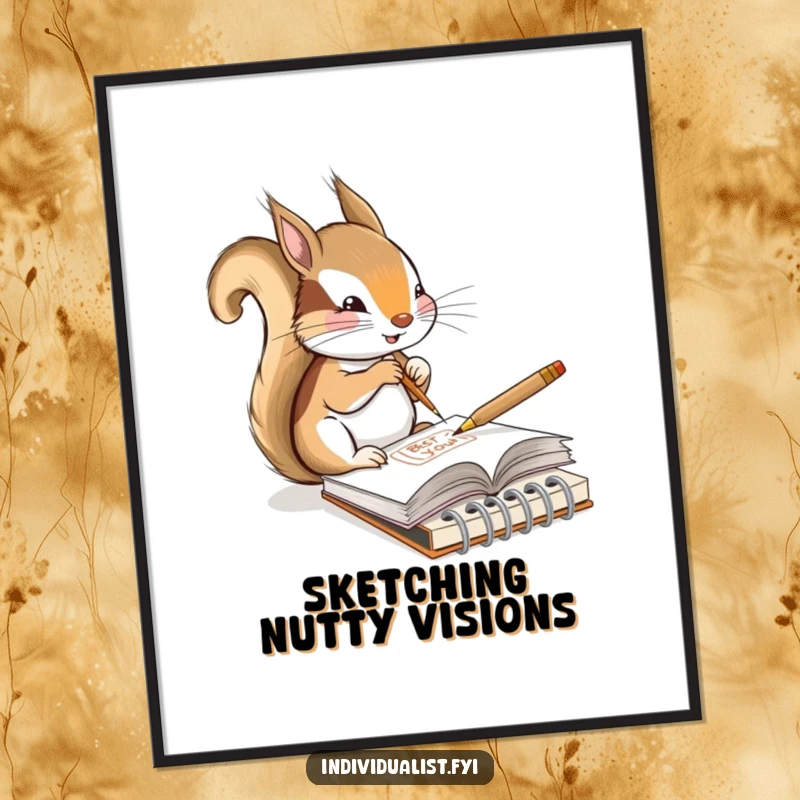 Funny poster depicting a content squirrel artist sketching a unique design in a tiny notebook, adding a touch of creative humor.