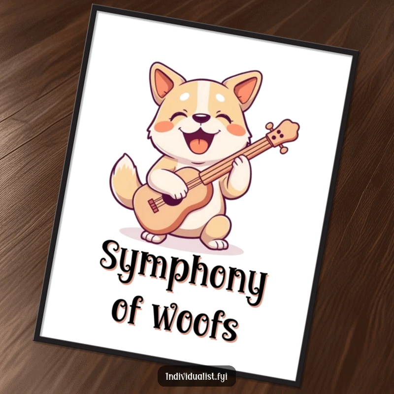 Funny, joyful dog character playing a peculiar musical instrument with gusto and a wide smile, displayed as fun wall art.