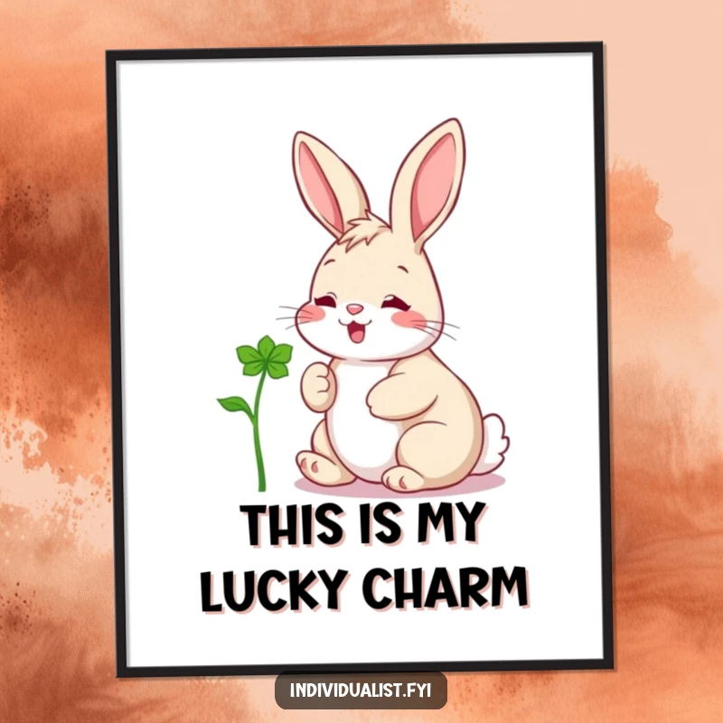 Funny poster depicting a delighted rabbit captivated by an unusual clover, creating a heartwarming and humorous scene.