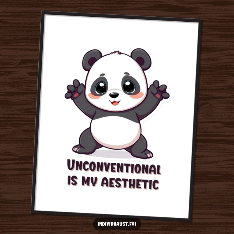 Funny panda poster print of a playful panda in a unique, contorted yoga pose, adding humor and personality to wall decor.