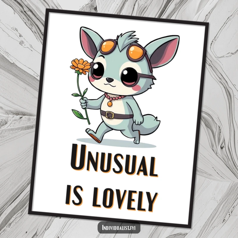 Funny poster print of a sophisticated creature with daring accessories and one exotic flower, walking with immense confidence. Art with attitude.