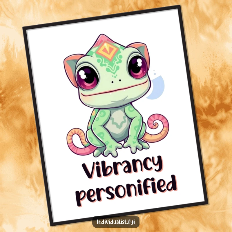 Funny chameleon poster of a curious creature transforming into a wildly unexpected, vibrant pattern, colorful decor.
