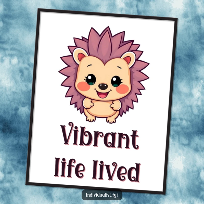 Funny smiling hedgehog with intensely vibrant, spiky quills in a rainbow of colors, displayed as cheerful wall art.