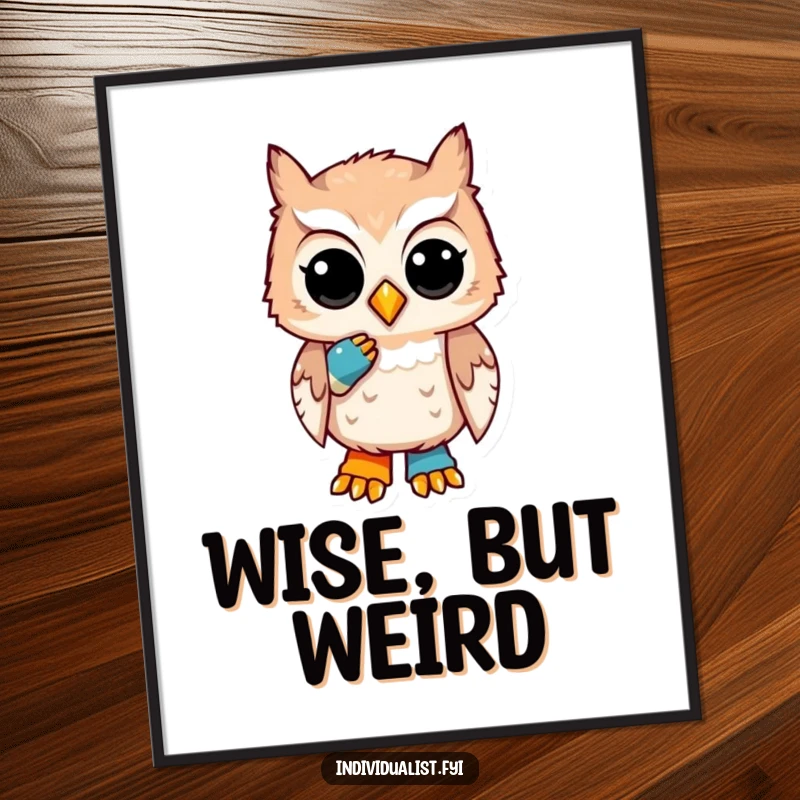 Funny poster depicting a unique owl with a thoughtful expression and a mismatched sock, adding quirky humor to decor.
