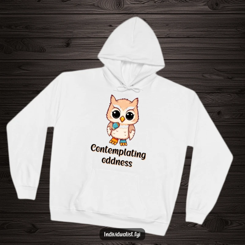 Funny hoodie showcasing a unique owl with a thoughtful expression and a mismatched sock, perfect for cozy, humorous contemplation.