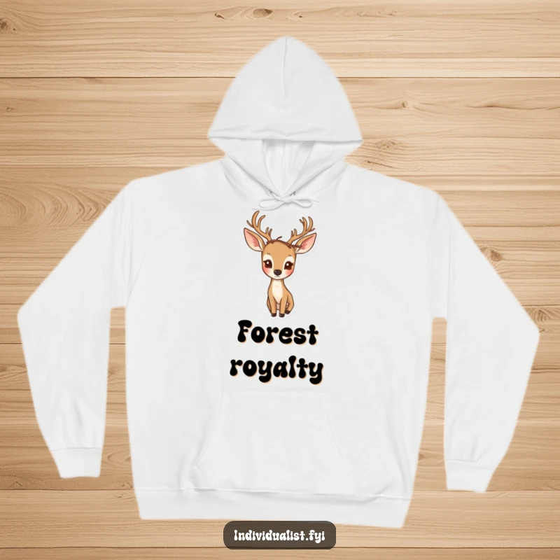 Funny hoodie displaying a curious deer adorned with a uniquely asymmetrical crown of natural twigs.