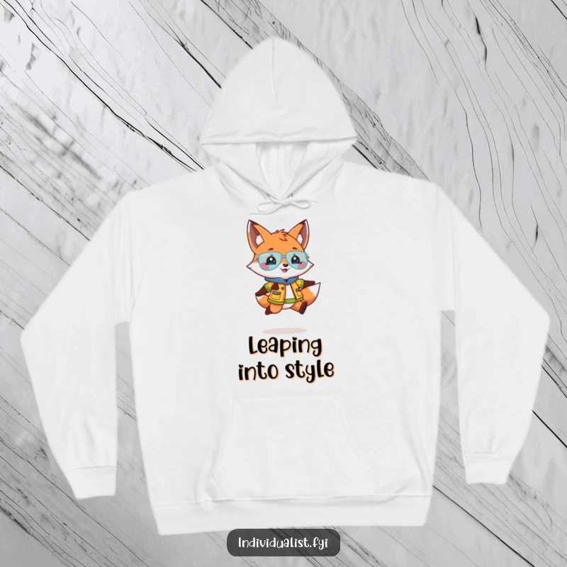 Funny hoodie featuring a playful fox in a bright outfit doing a dynamic jump, perfect for cozy, humorous wear.