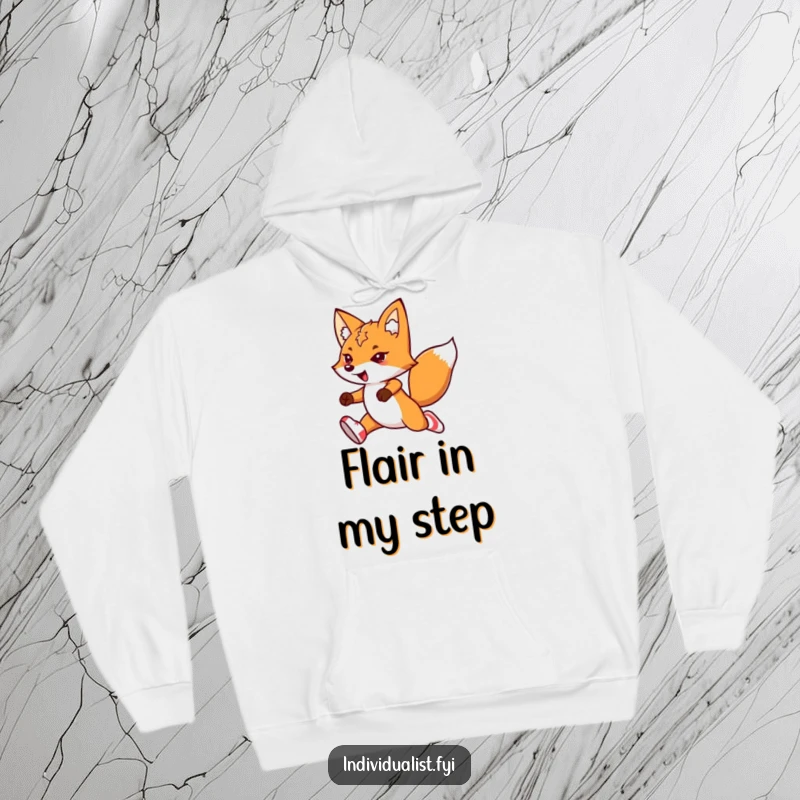 Funny kawaii fox hoodie, depicting a determined fox wearing mismatched socks, mid-leap with impressive flair.