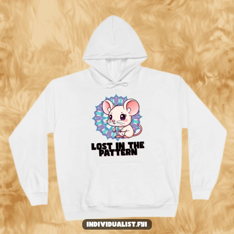 Funny Kawaii mouse peering intently into a vibrant kaleidoscope filled with distinct, eye-catching patterns, a cozy and curious scene.