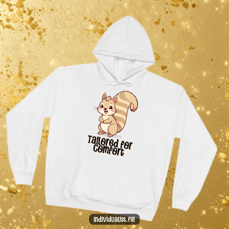 Funny squirrel hoodie showcasing a cheerful squirrel with an unusually long, striped tail, offering warmth and humorous charm.