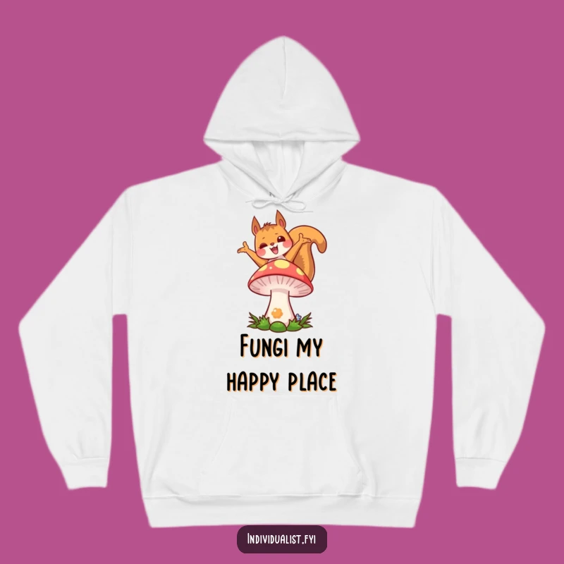 Cozy Funny Kawaii Squirrel Hoodie: Joyful Pose, Colorful Mushroom, Snuggle Gift