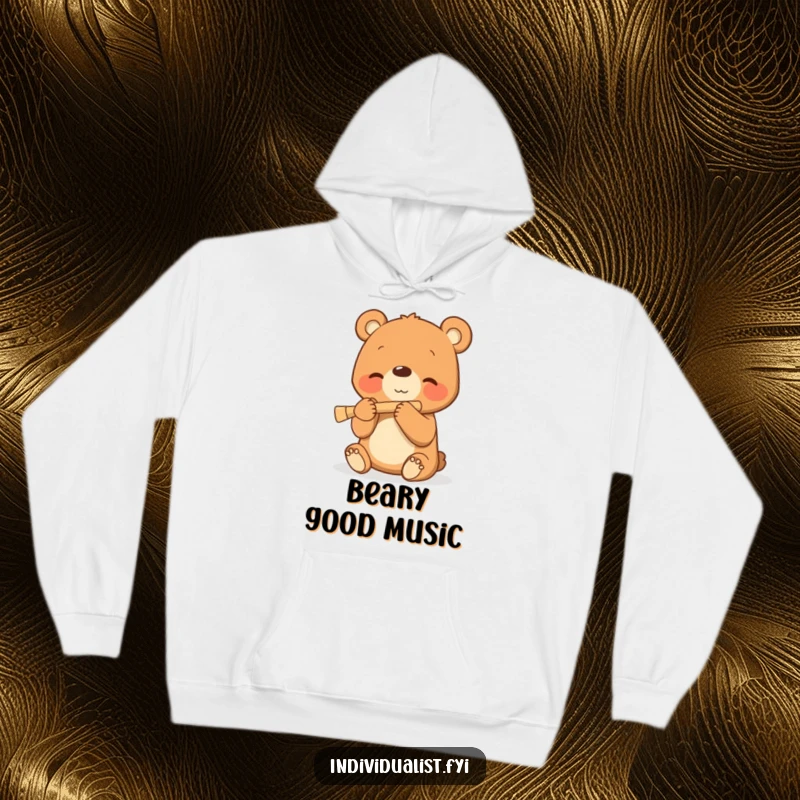Funny hoodie displaying a smiling bear cub blissfully playing a miniature flute, capturing a moment of peaceful melody.