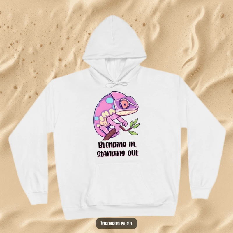 Funny Chameleon Hoodie: Curious chameleon changing to a vibrant color, offering warmth and a touch of funny style.