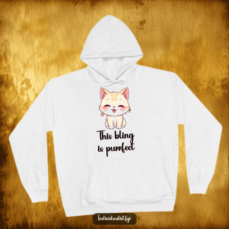 Funny hoodie featuring a giggling cat adorned with a single, oversized, dazzling sparkly earring, embodying playful elegance.