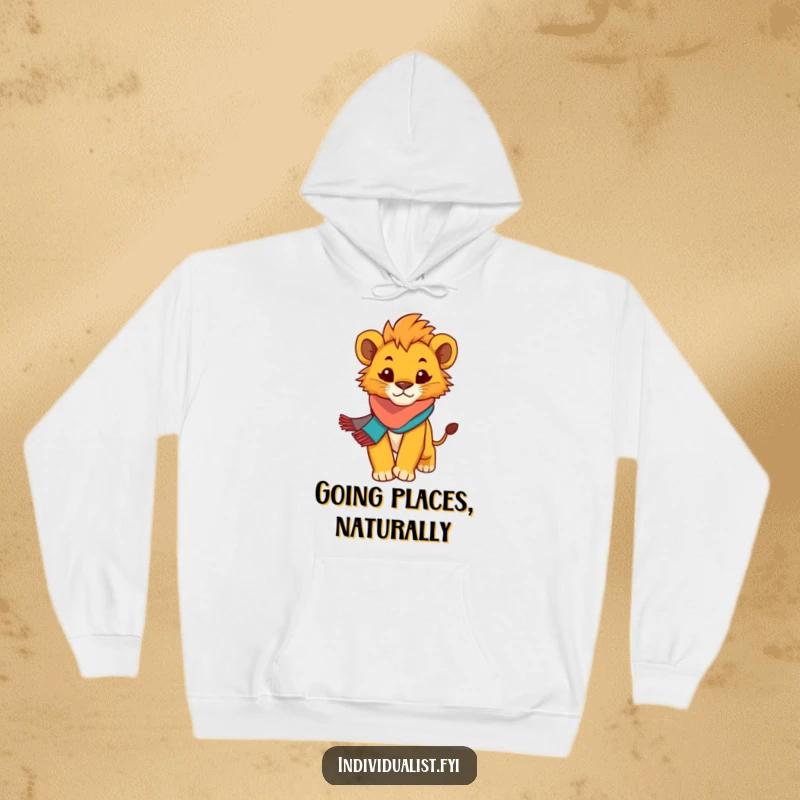 Funny Lion Cub Hoodie: Determined cub wearing a bright scarf, striding with confidence and humor.