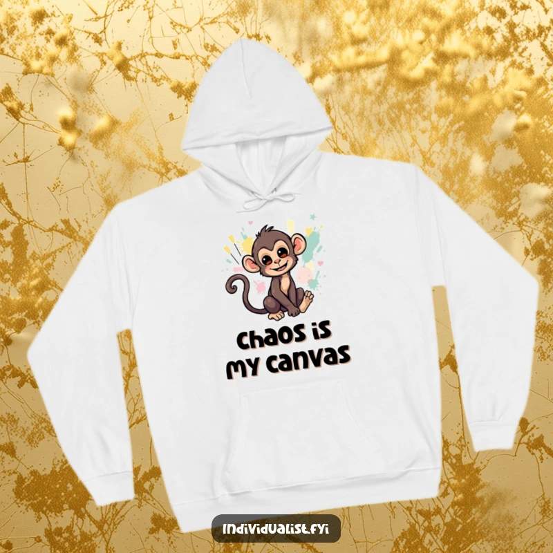 Funny hoodie showcasing a playful monkey using its tail to create vibrant abstract artwork, highlighting its artistic mischief.