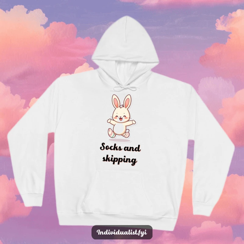 Funny rabbit mismatched socks hoodie featuring a cheerful rabbit skipping joyfully, symbolizing playful spirit and comfortable, quirky fashion.