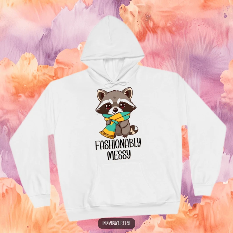 Funny Raccoon Hoodie showcasing a playful raccoon character sporting a colorful scarf tied in an amusingly unconventional knot, perfect for chilly days.
