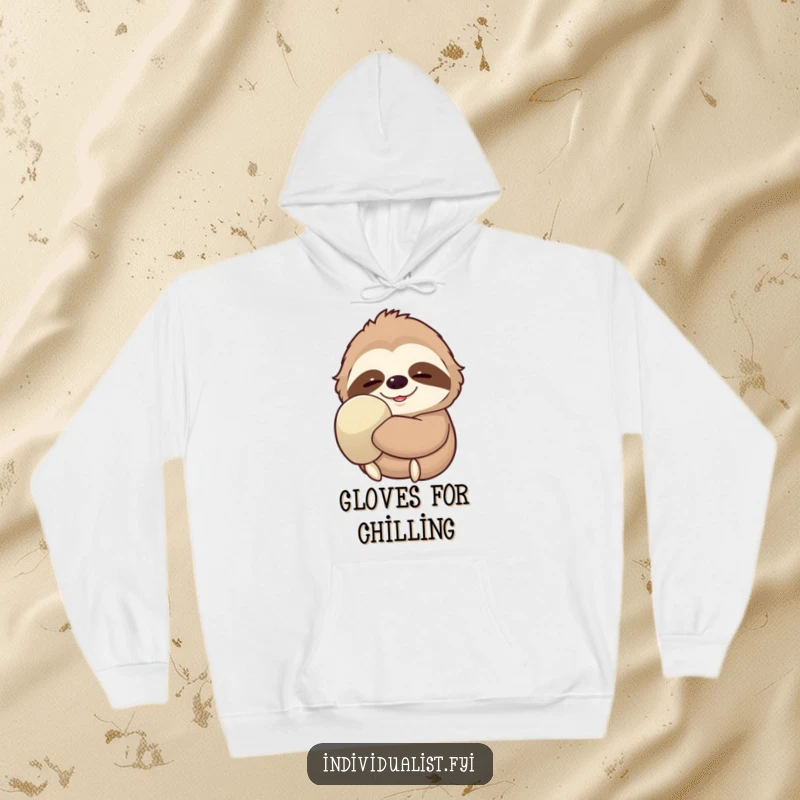 Funny Sloth Hoodie depicting a serene sloth wearing one extra-large glove, radiating peace and contentment, ideal for cozy relaxation.