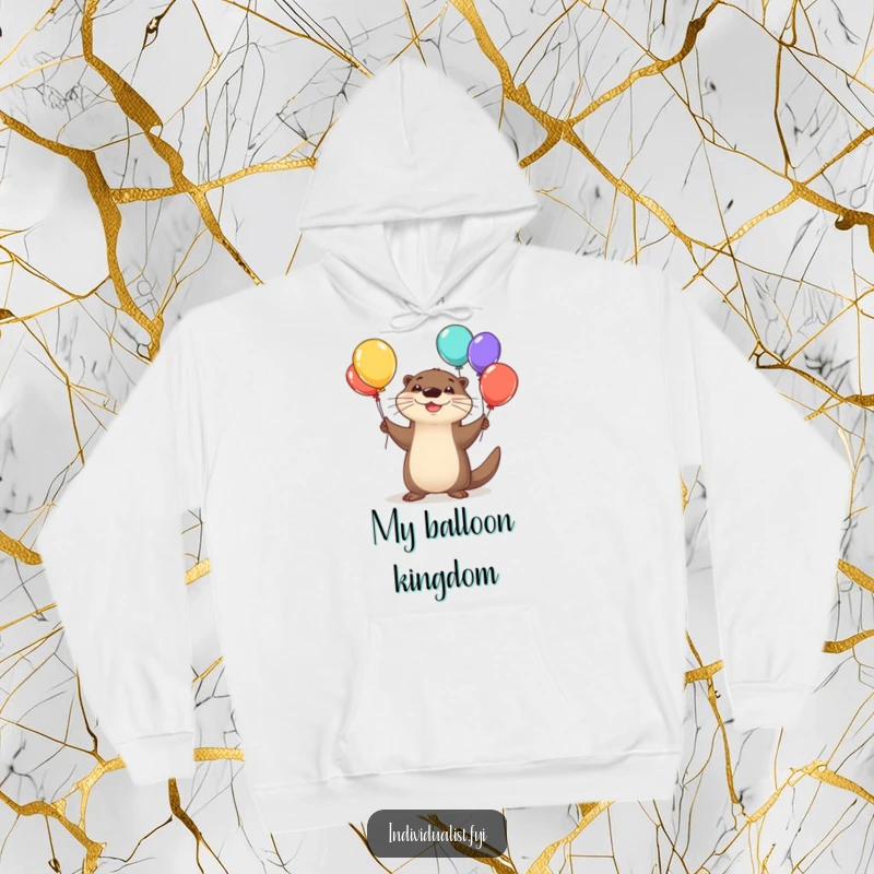 Funny otter hoodie with a happy otter enthusiastically juggling colorful, quirky balloons, radiating pure fun.