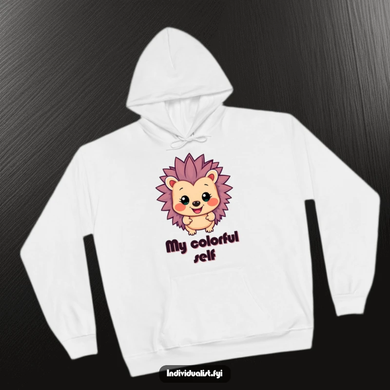 Funny smiling hedgehog with unusually vibrant and colorful spiky quills, depicted on a warm and cozy hoodie.