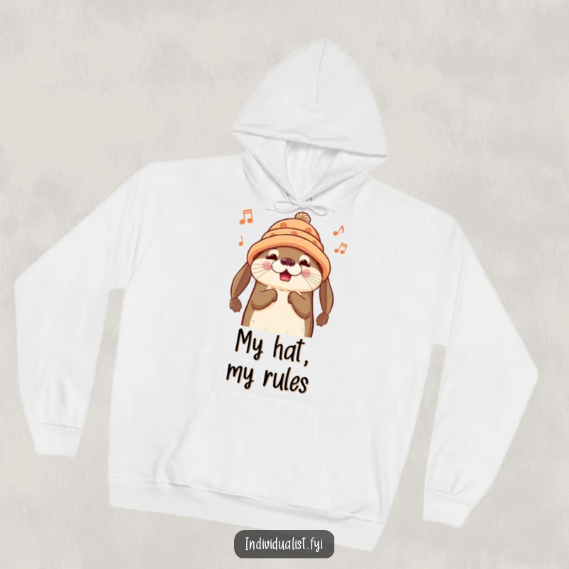 Funny Otter Hoodie: A cheerful otter in a handmade hat hums a tune, looking cozy and content.