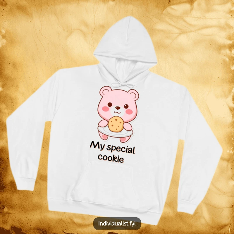 Funny Kawaii bear offering a distinctive cookie on a plate, depicted on a soft hoodie for ultimate comfort and charm.