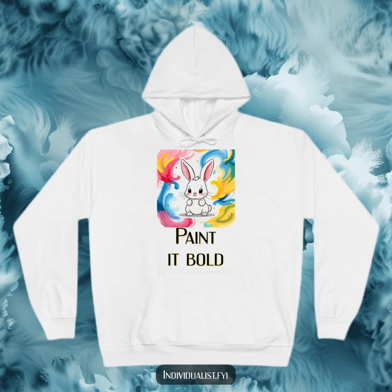 Funny hoodie featuring a dedicated bunny engrossed in painting bold, abstract colorful swirls with intense focus.