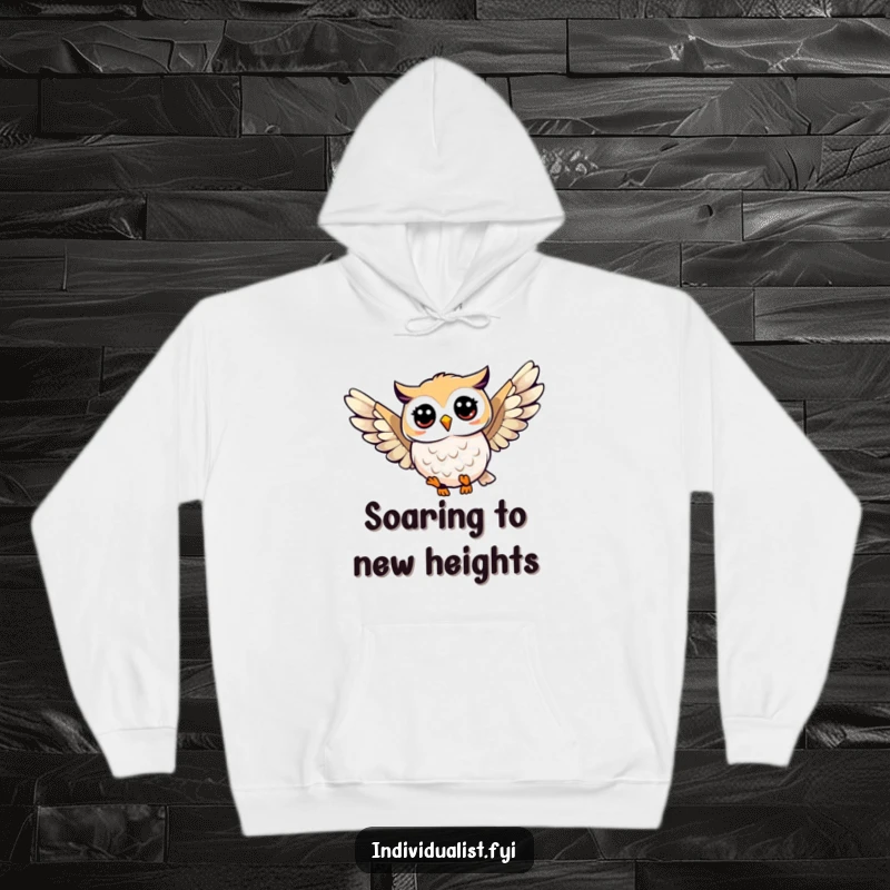 Funny owl soaring hoodie featuring a happy owl with a unique wing pattern, symbolizing wisdom, freedom, and distinctive style in comfort.