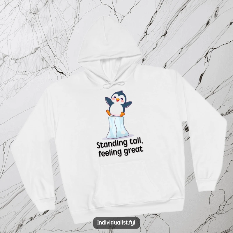 Funny Penguin Hoodie: Joyful penguin balancing on an ice block, offering warmth and a touch of funny charm.