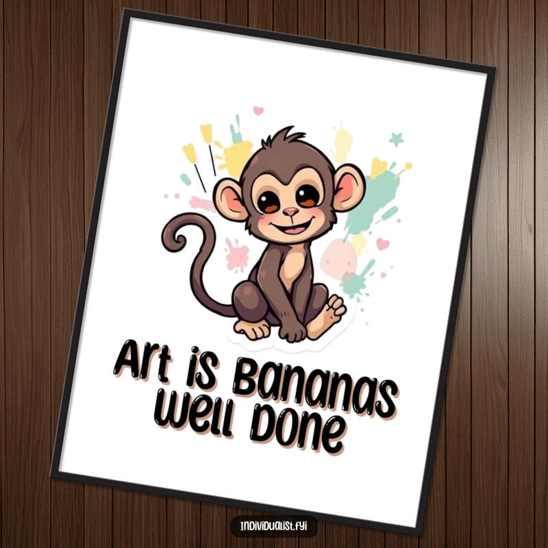 Funny Free Printable Wall Art: Mischievous monkey painting abstract art with its tail, vibrant and quirky decor.