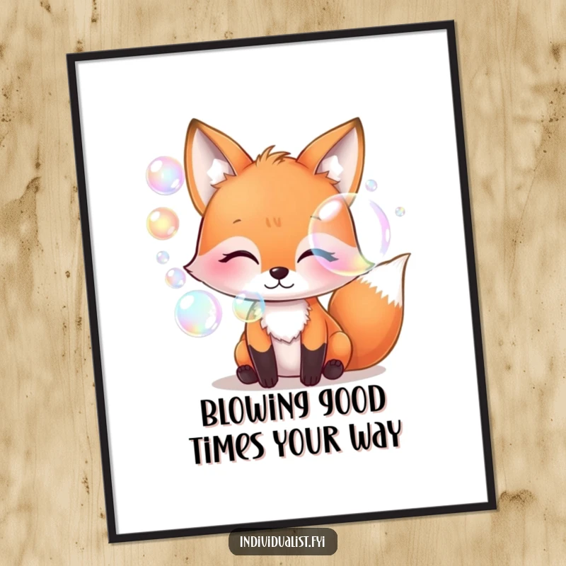Funny Free Printable Wall Art: A whimsical fox blowing a stream of magical, iridescent bubbles, adding color and charm to any wall.