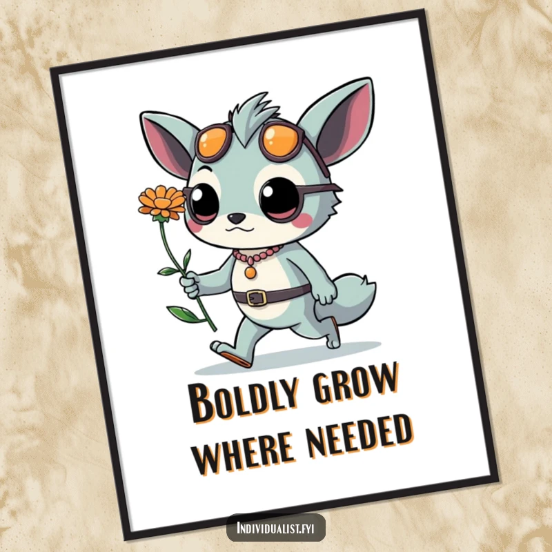 Funny Free Printable Wall Art depicting a bold creature with cool accessories walking confidently, holding an unusual flower. Downloadable art for chic spaces.