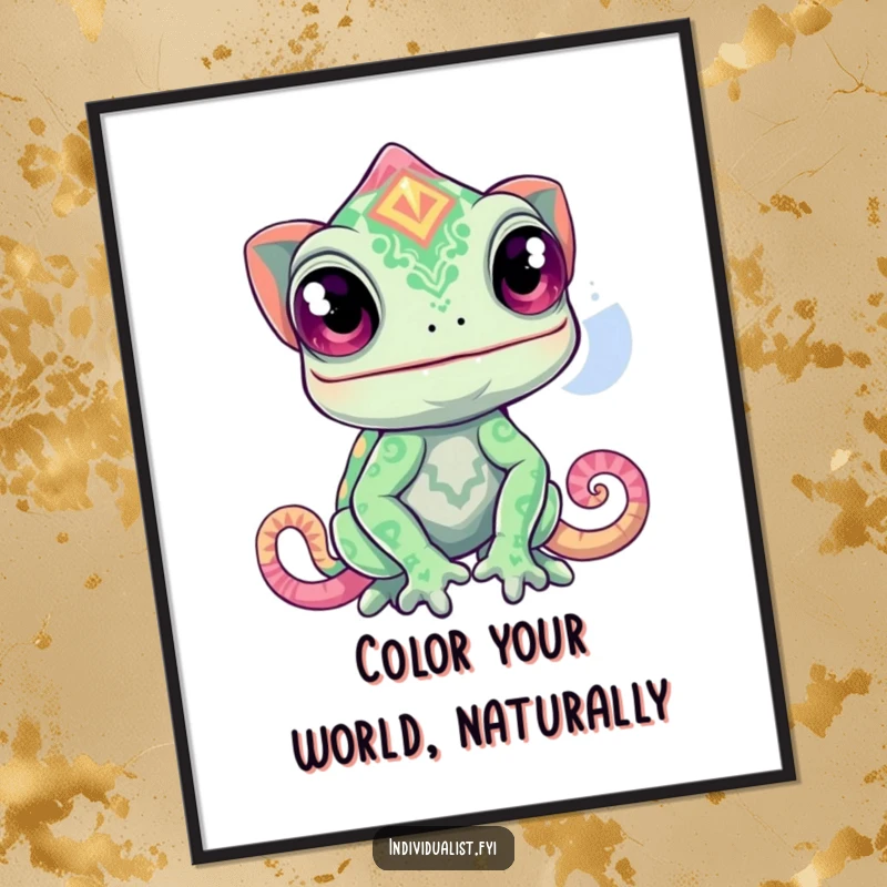 Funny Free Printable Wall Art: Curious chameleon mid-transformation into an extremely vibrant and unexpected, eye-catching pattern.