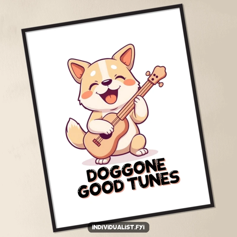 Funny Free Printable Wall Art: Ecstatic dog with floppy ears playing a weird, multi-colored instrument with a joyful, slightly off-key expression.