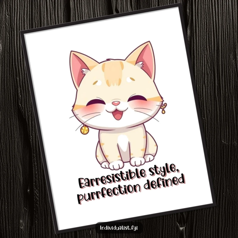 Funny Free Printable Wall Art of a giggling cat wearing an oversized, sparkling earring, looking stylish and amused.