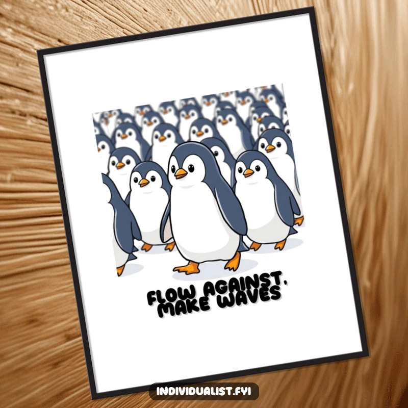 Funny Free Printable Wall Art: A lone, determined Kawaii penguin defies the crowd, walking against a stream of identical penguins.