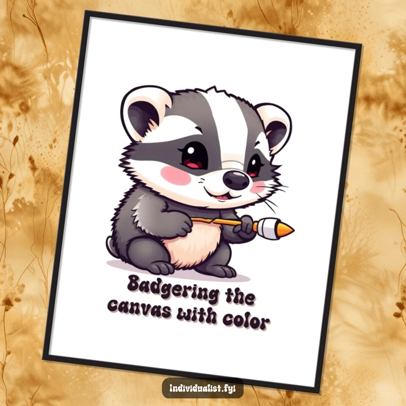 Funny free printable wall art of a curious badger experimenting with vibrant, non-traditional colors, creating a dynamic abstract composition.