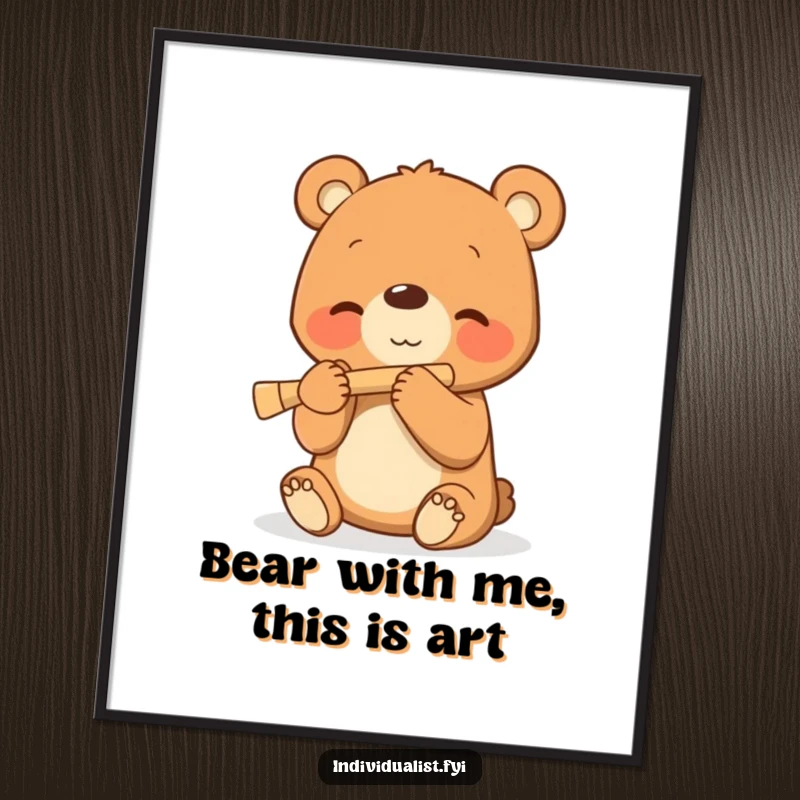 Funny Free Printable Wall Art: Smiling bear cub playing a tiny flute, whimsical and musical decor, charming gift.