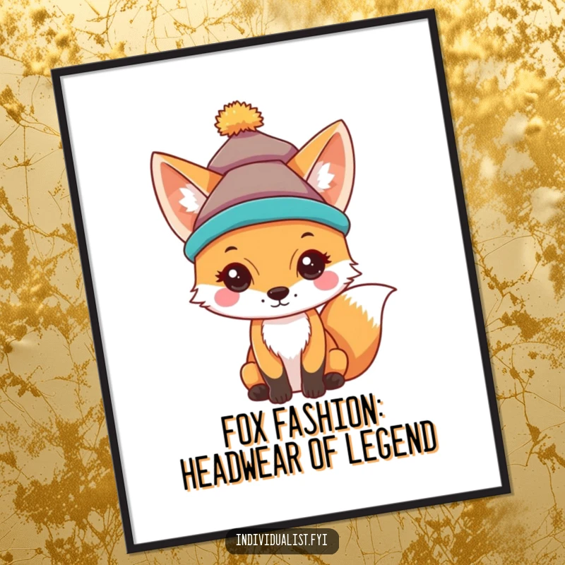 Funny Free Printable Wall Art: A curious fox looking stylish in a very unique and vibrantly colored, whimsical hat.