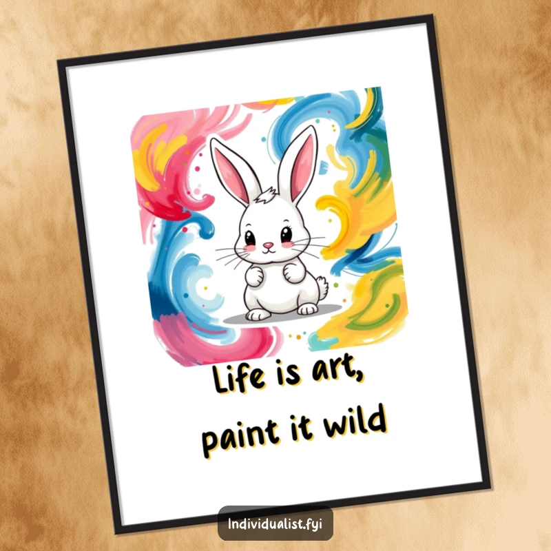 Funny Free Printable Wall Art: A determined bunny artist creating dynamic, colorful abstract paint swirls.