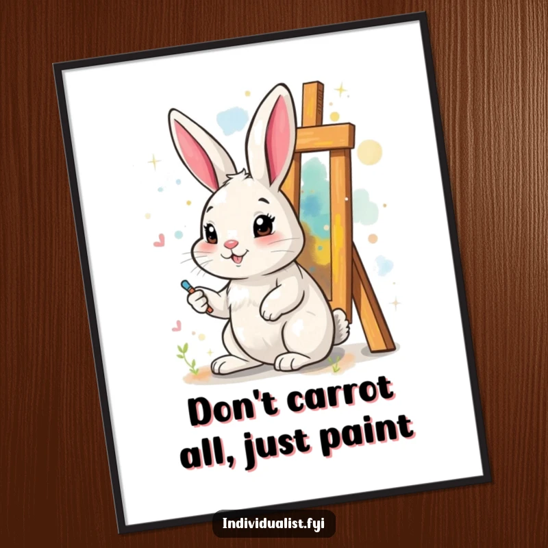 Funny Free Printable Wall Art: A cheerful rabbit painting an abstract, surreal artwork, bringing creative energy to any room.