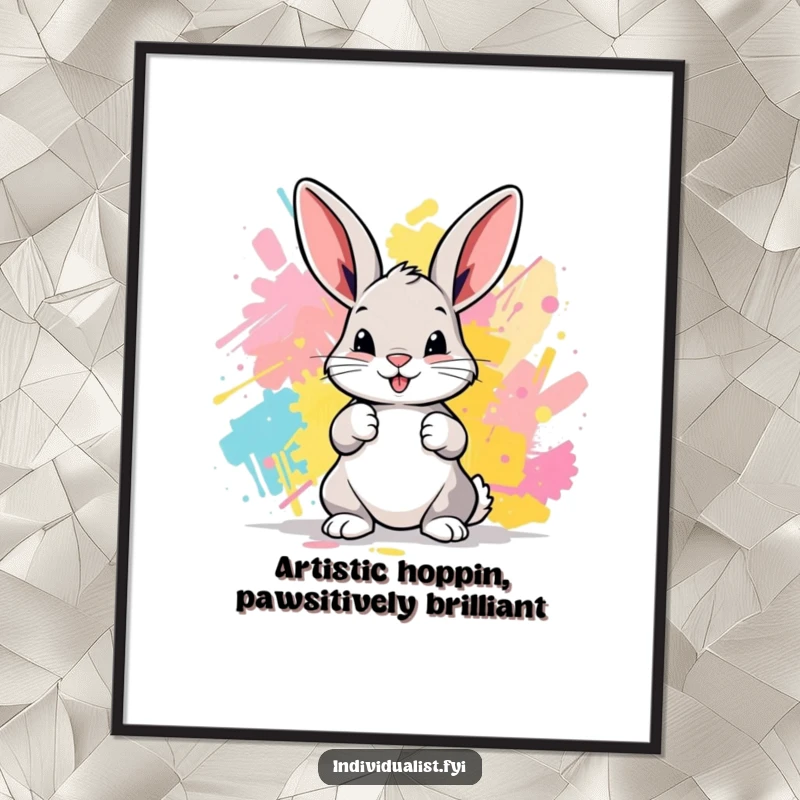 Funny Free Printable Wall Art: A playful bunny creating a vibrant, abstract explosion of color with its paws.