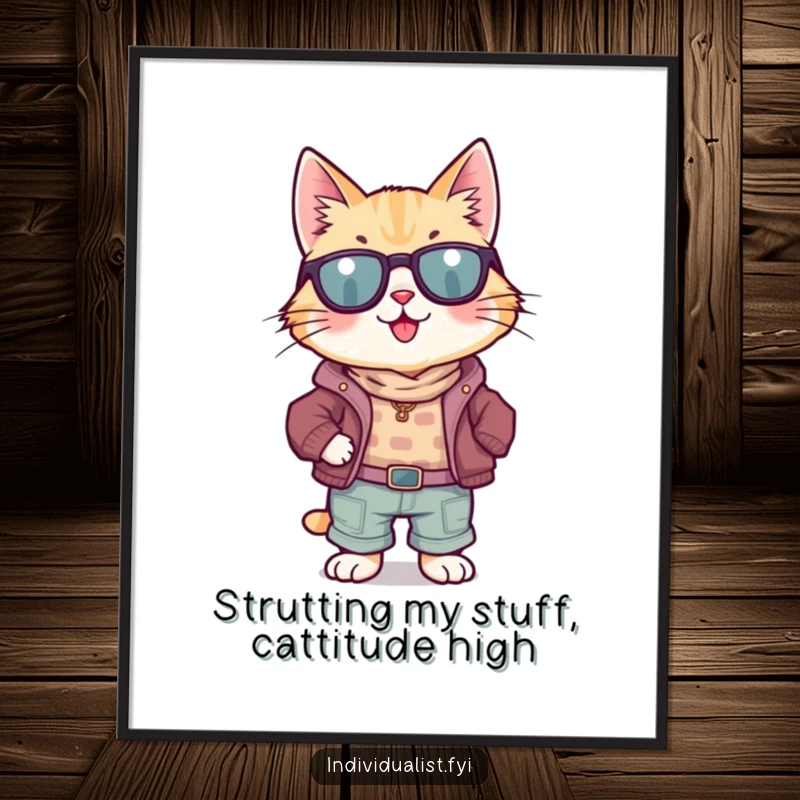 Funny Free Printable Wall Art: A cat flaunting its unique mismatched wardrobe with ultimate confidence and style.