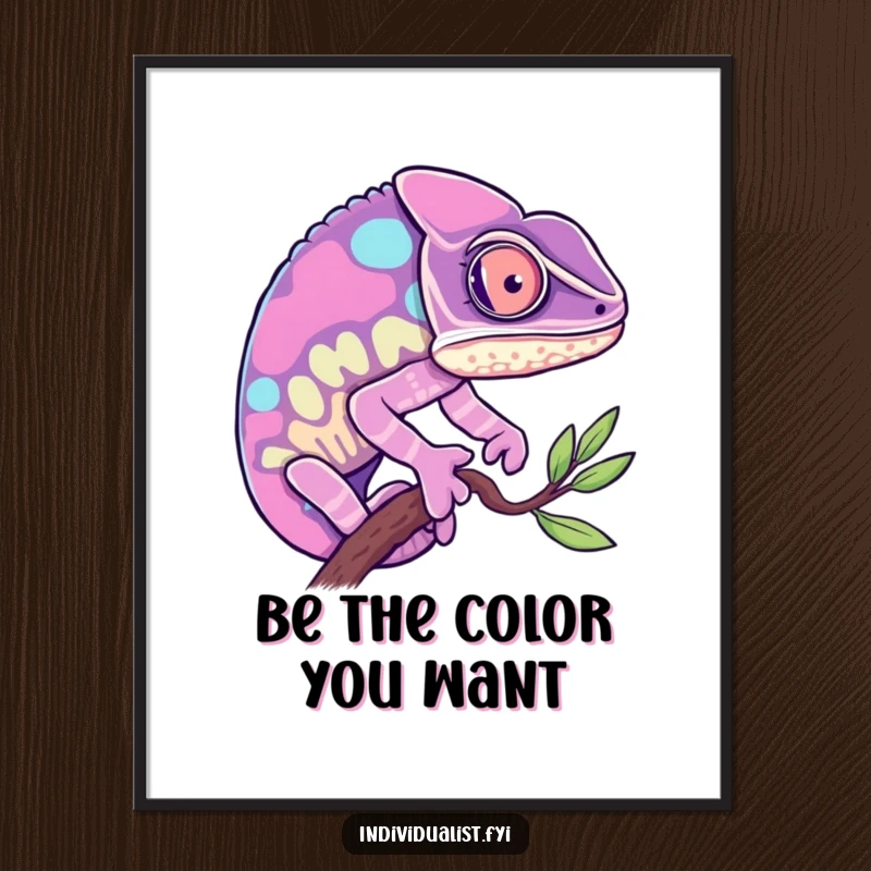 Funny Free Printable Wall Art: A curious chameleon is captured mid-change, transforming into a striking, single vibrant color.