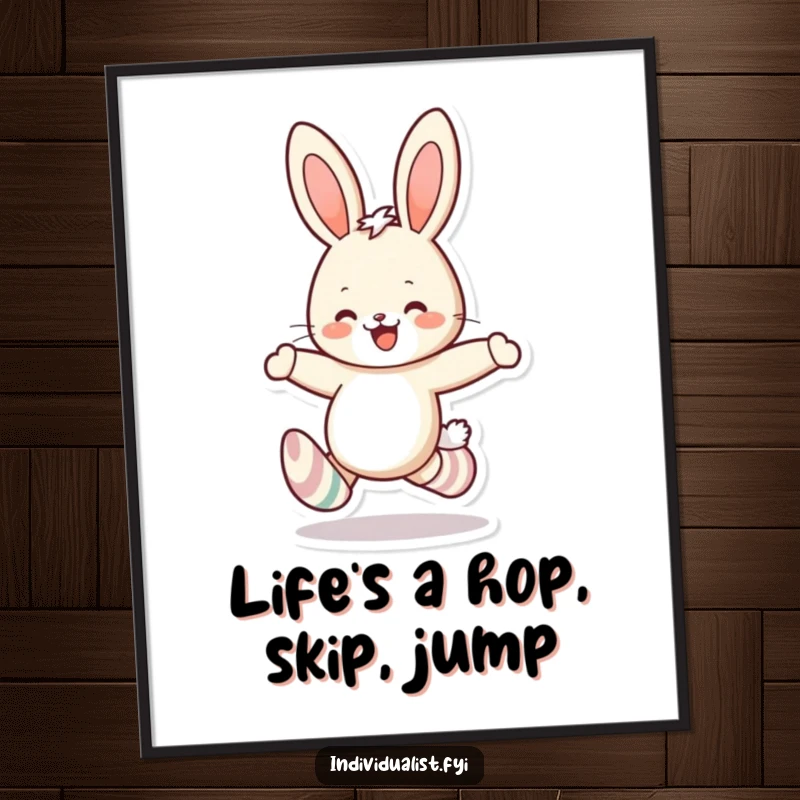 Funny Free Printable Wall Art of a cheerful rabbit enthusiastically skipping, wearing mismatched socks and radiating pure joy.