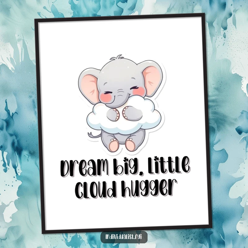 Funny Free Printable Wall Art: A smiling elephant gleefully hugs a peculiar cloud, radiating pure, whimsical happiness.