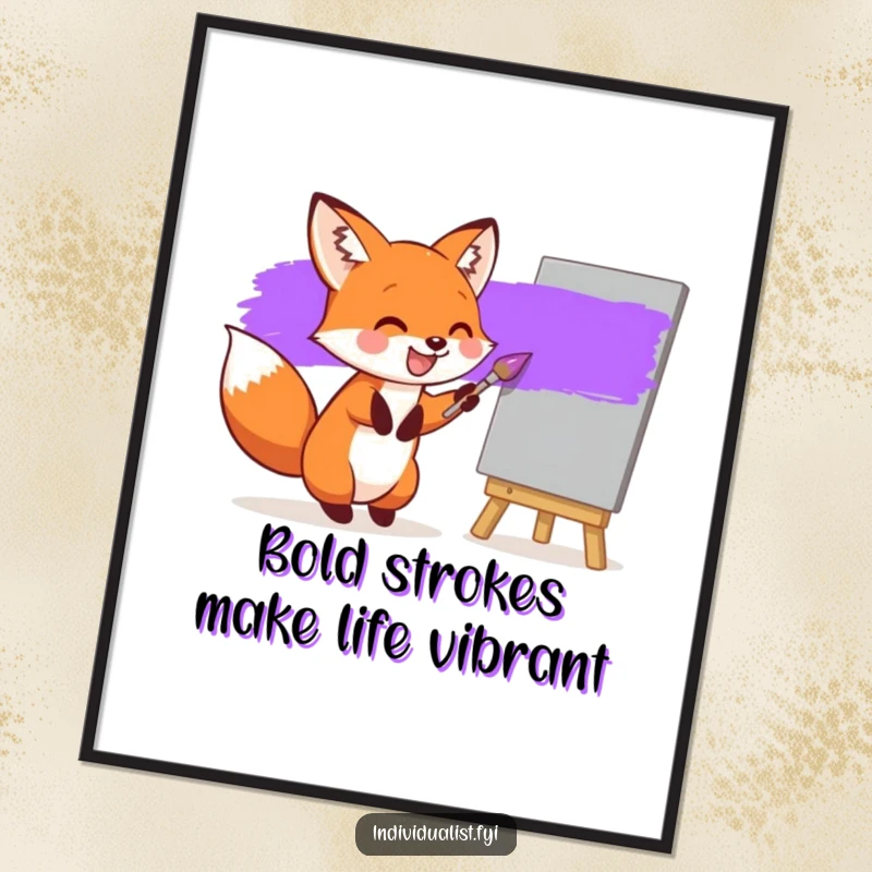 Funny Free Printable Wall Art: Joyful fox painting a singular, bright purple stripe on a grey canvas, adding artistic humor.