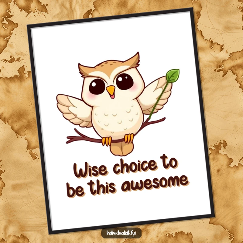 Funny Free Printable Wall Art: A joyful owl with a distinctive leaf, creating whimsical and humorous room decor.